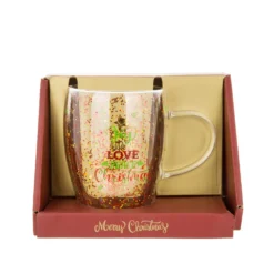 Tazza mug vetro borosilicato Love Christmas glitter 300 ml