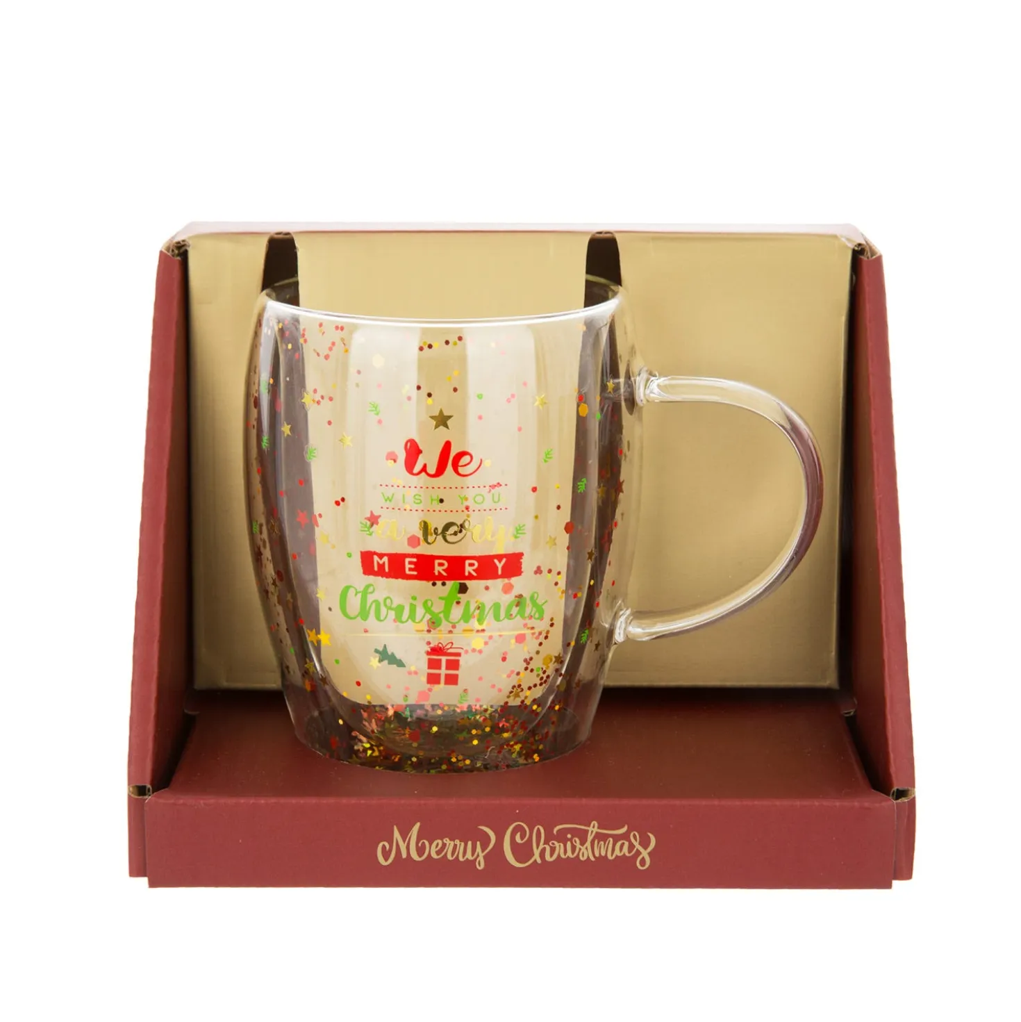 Tazza mug vetro borosilicato Merry Christmas glitter 300 ml