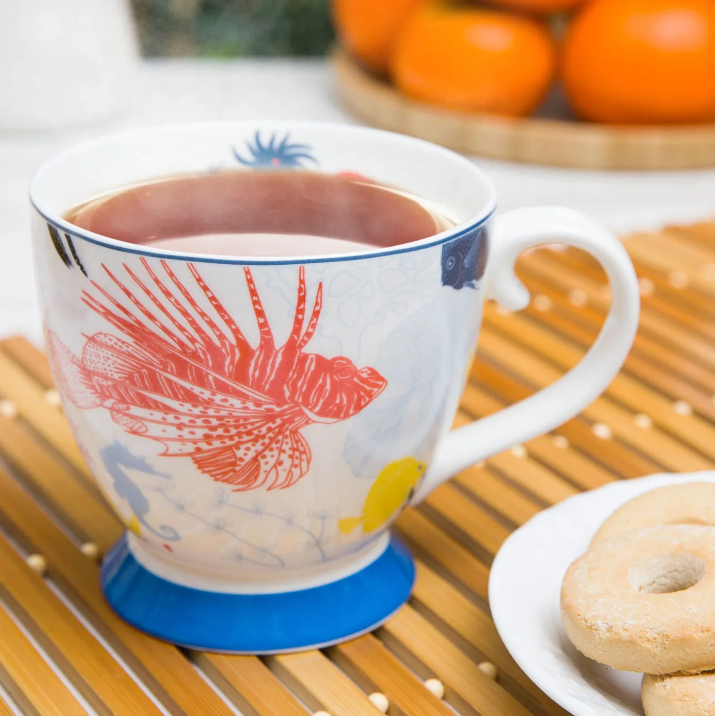 Tazza tè decoro marino azzurra in New Bone China, 450 ml
