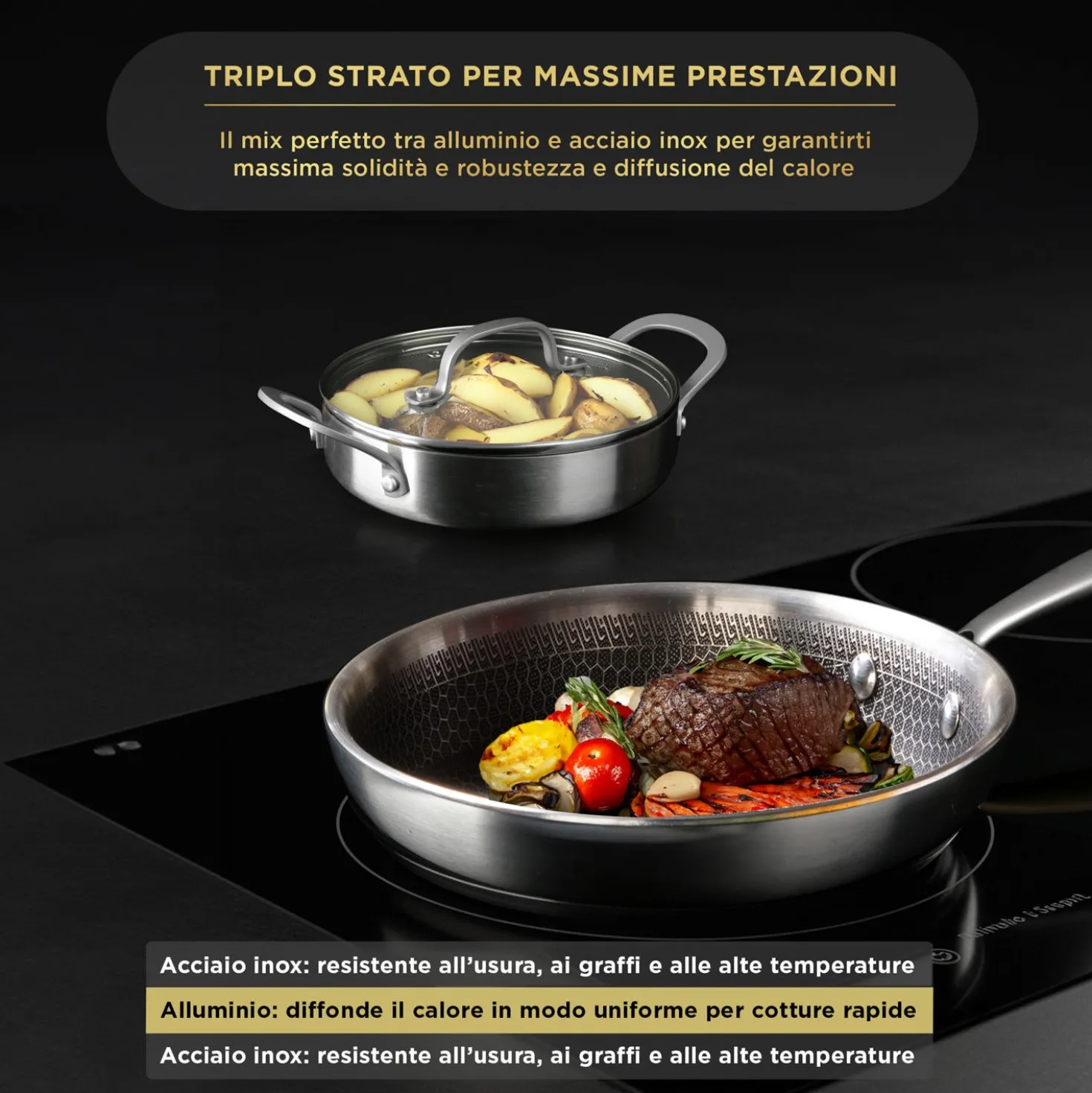 Tegame 24 cm con coperchio a 3 strati Tri - ply
