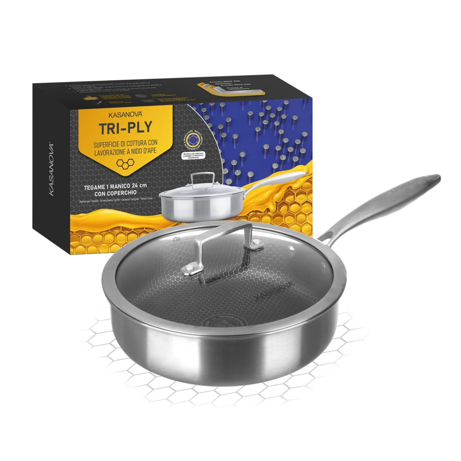 Tegame 24 cm con coperchio e un manico a 3 strati Tri - ply