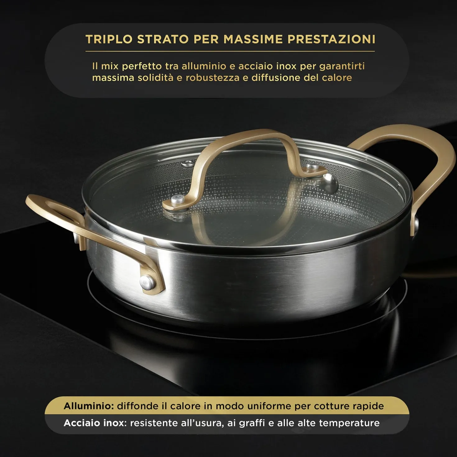 Tegame 28 cm triplo strato Tri Ply - Gold con coperchio