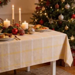 Tovaglia natalizia tartan beige e oro