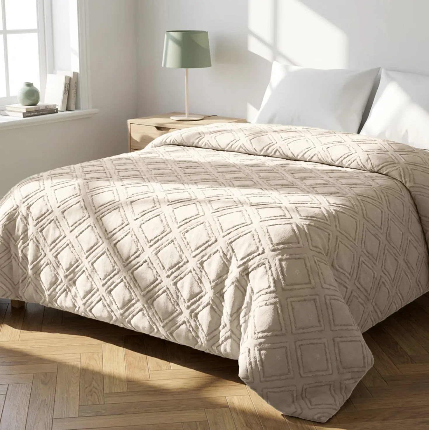 Trapuntino matrimoniale microfibra geometrico beige