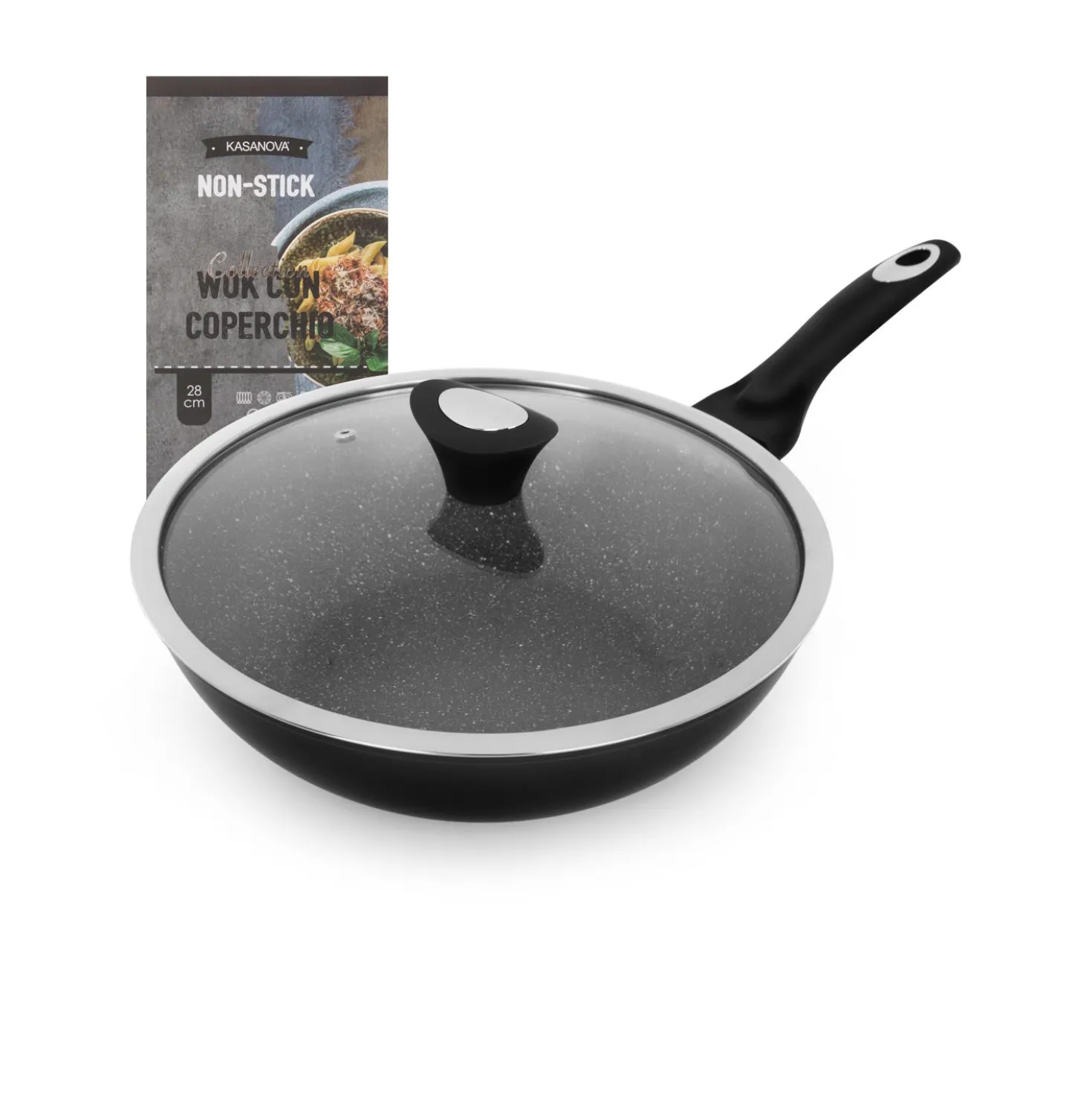 Wok antiaderente 28 cm Collection nera - con coperchio